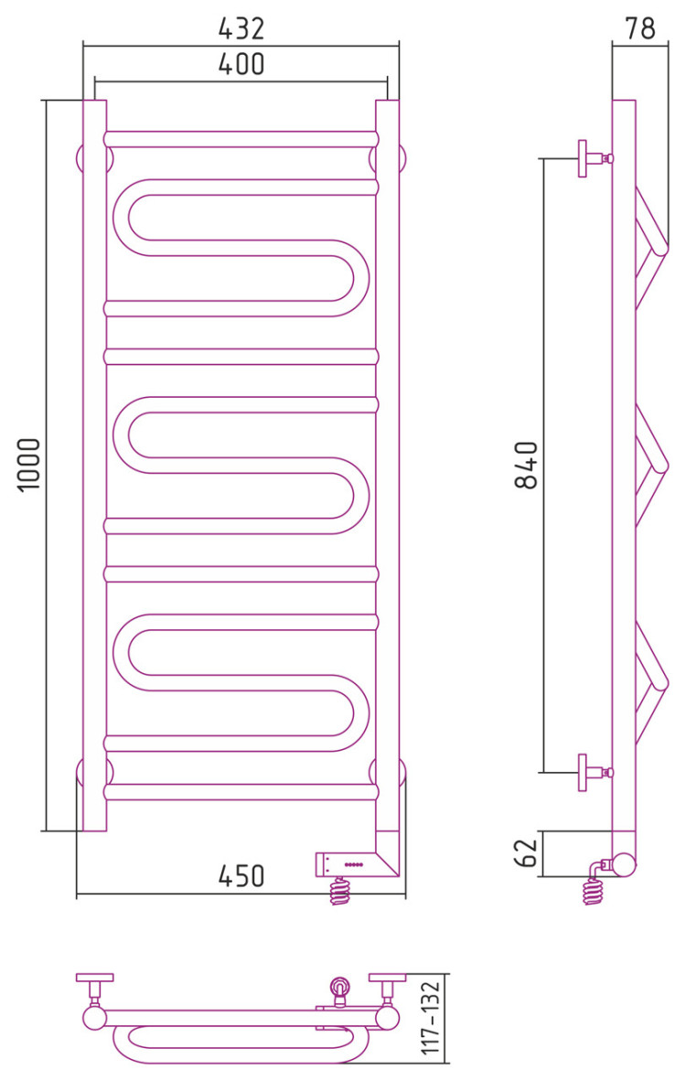 Полотенцесушитель электрический Сунержа Элегия 2.0 1000х400 МЭМ правый Без покрытия