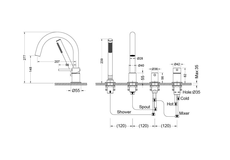 Смеситель на борт ванны на 4 отв. Aquatek, матовый черный AQ1348MB ЕВРОПА