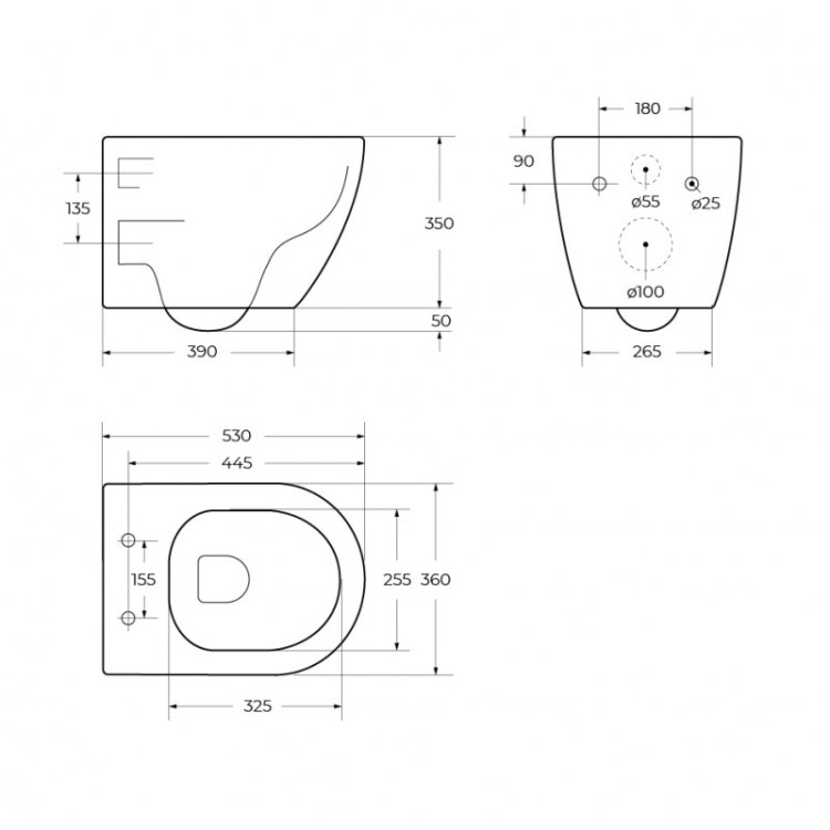 Унитаз подвесной безободковый со смывом Торнадо с сиденьем дюропласт soft close Cezares CZR-2426-TH-TOR/SC
