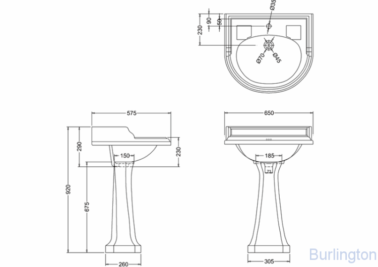 Классическая раковина на 1 отверстие с пьедесталом