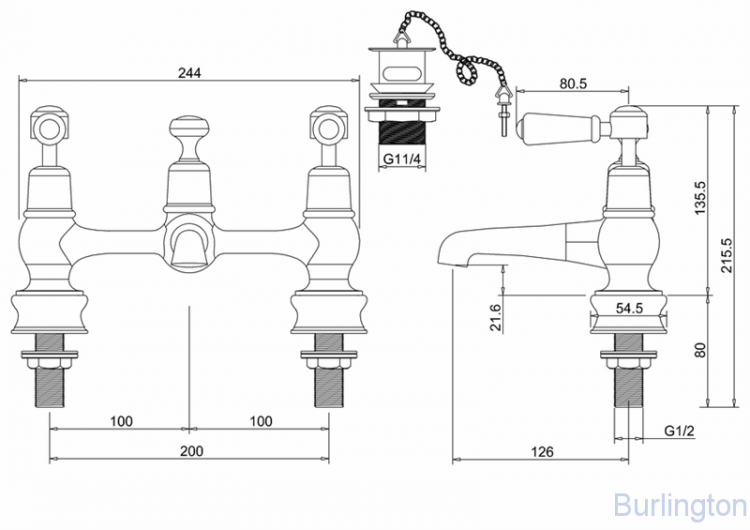 Смеситель для раковины на 2 отверстия Regent, с пробкой и цепочкой  [KER10 BLA]