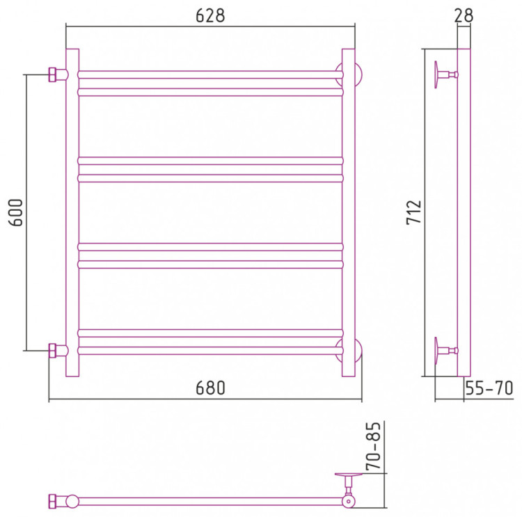 Полотенцесушитель водяной Стилье Версия-Б1 600х600 (2+2+2+2) П 16 Без покрытия