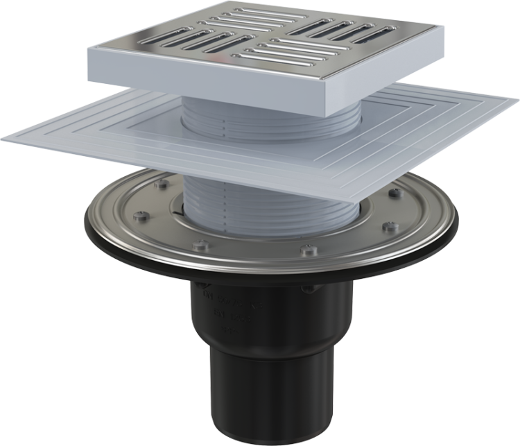 Сливной трап 150×150/50/75 мм прямой сток, решетка из нержавеющей стали, фланец из нержавеющей стали, воротник изоляции 2–го уровня, гидрозатвор сухой и мокрый Alcadrain APV4444