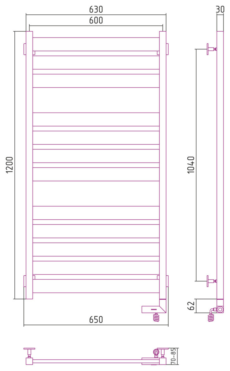 Полотенцесушитель электрический Сунержа Центурион 2.0 1200x600 МЭМ правый Матовый чёрный
