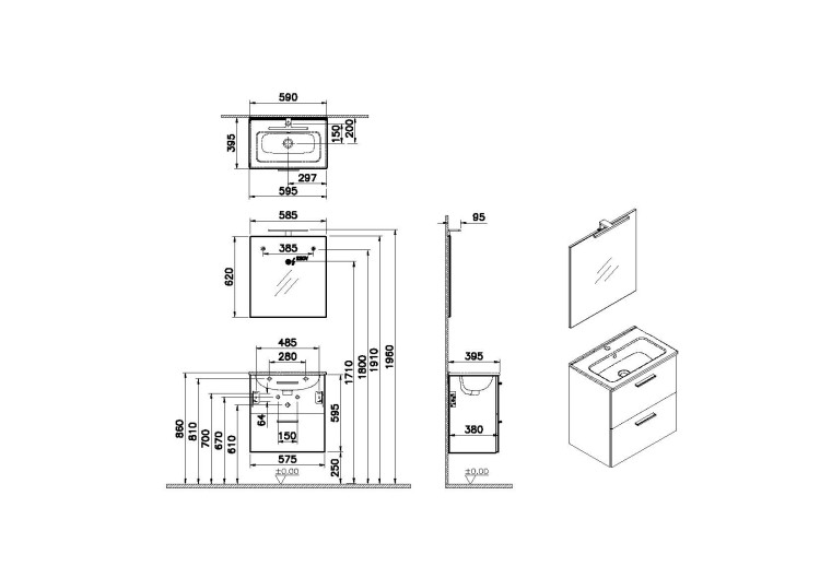 Набор мебели Mia 60 см с раковиной и ящиками, белый глянцевый