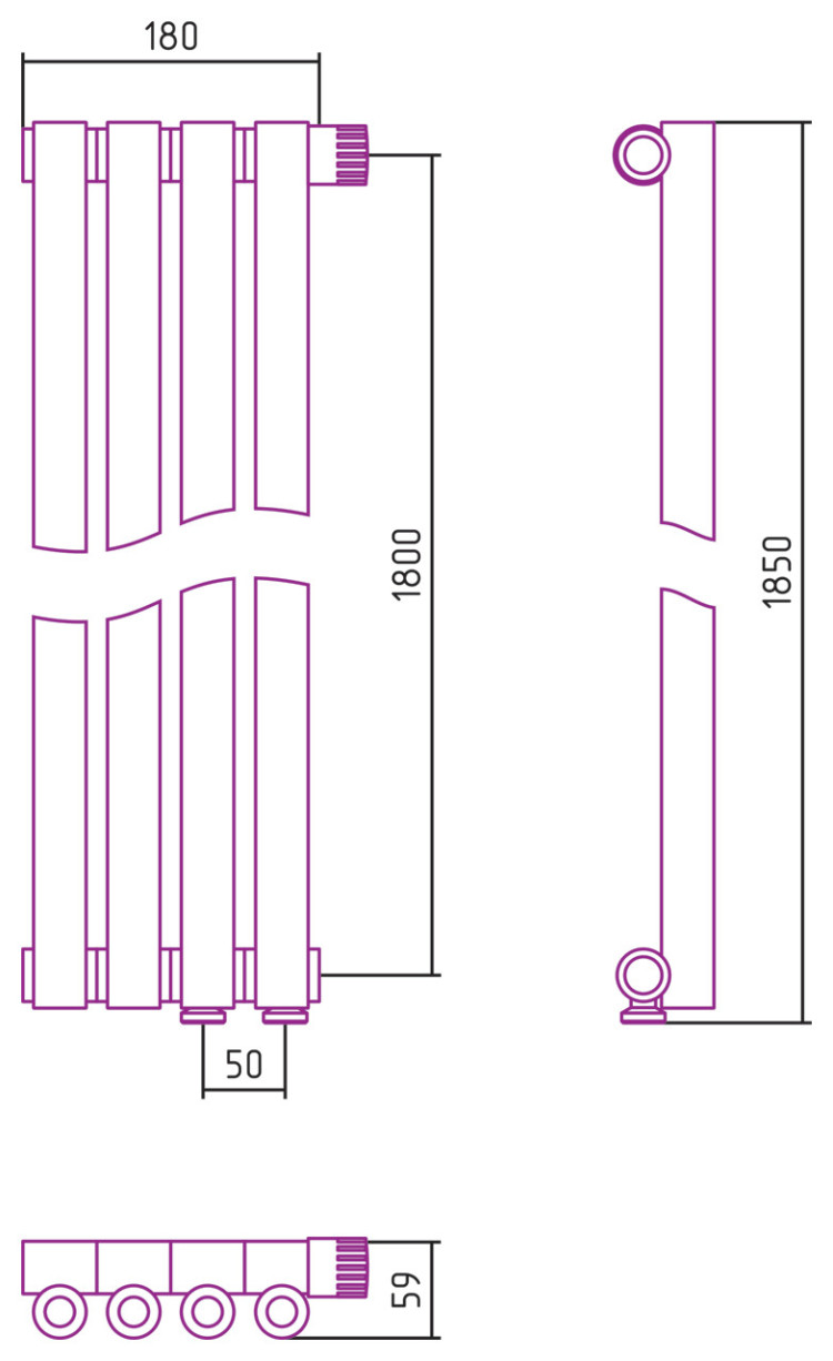 Отопительный радиатор Сунержа Эстет-0 EU50 правый 1800х180 4 секции Сатин