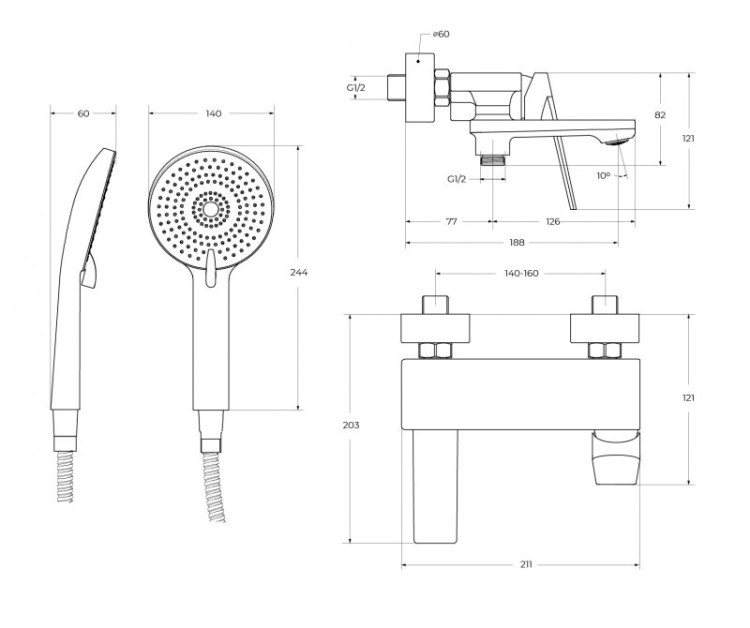Смеситель для ванны и душа в комплекте с ручным душем, шлангом и держателем Cezares COMFORT-VD-01