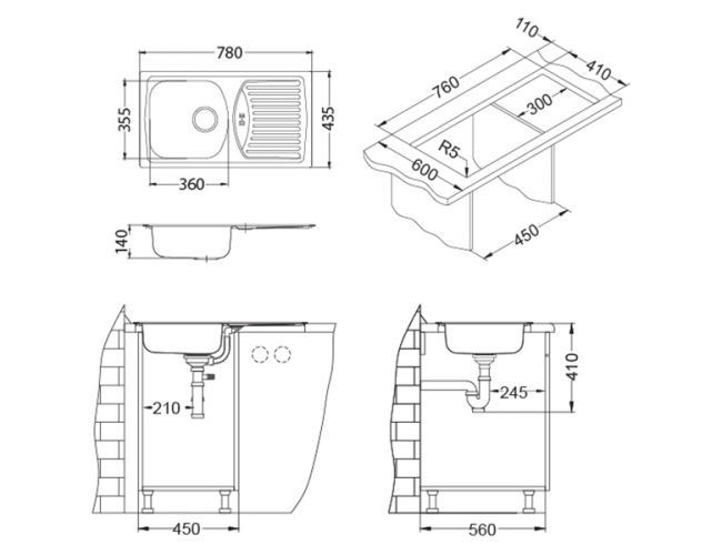 Мойка BASIC 150 LEI-90 NEW 780X435 в комплекте с сифоном  1130543,