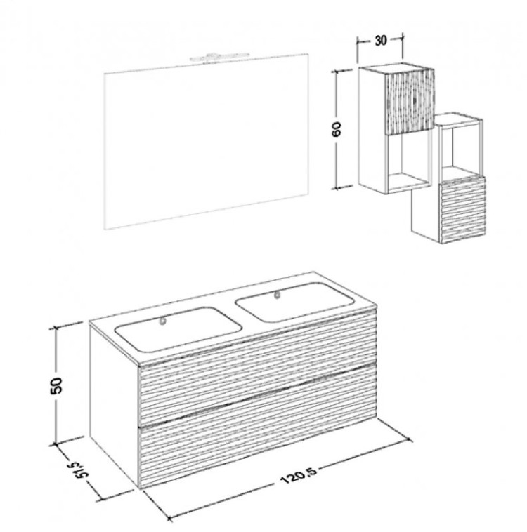 Подвесной шкафчик с одной нижней открытой полкой и распашной дверкой вверху, 30x22x61 Cezares BAPN02.601