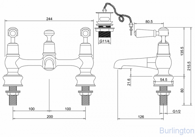 Смеситель для раковины на 2 отверстия Regent, с пробкой и цепочкой  [KER10]