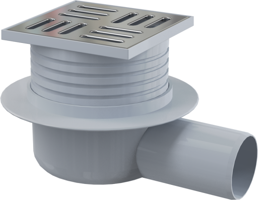 Сливной трап 105×105/50 мм боковой сток, решетка из нержавеющей стали, гидрозатвор мокрый Alcadrain APV26