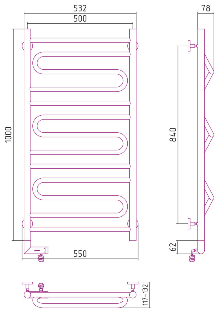 Полотенцесушитель электрический Сунержа Элегия 2.0 1000х500 МЭМ левый Без покрытия