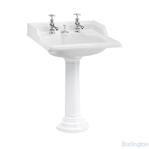 Классическая раковина со скрытым сливом-переливом на 2 отверстия с круглым пьедесталом