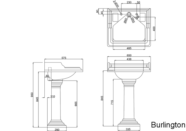 Классическая раковина со скрытым сливом-переливом на 2 отверстия с круглым пьедесталом
