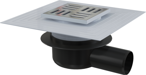 Сливной трап 105×105/50 мм боковой сток, решетка из нержавеющей стали, воротник изоляции 2–го уровня, гидрозатвор сухой Alcadrain APV26C