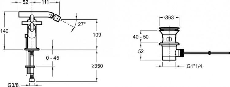 Смеситель для биде на одно отверстие с донным клапаном Jacob Delafon PURIST E14596-3-CP