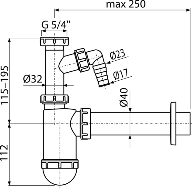 Сифон для умывальника DN40 со штуцером и накидной гайкой 5/4