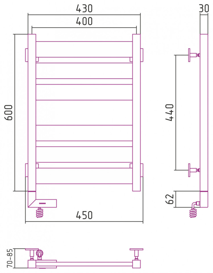 Полотенцесушитель электрический Сунержа Центурион 2.0 600x400 МЭМ левый Матовый чёрный