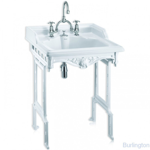 Классическая раковина со скрытым сливом-переливом на 2 отверстия с подстольем из белого алюминия