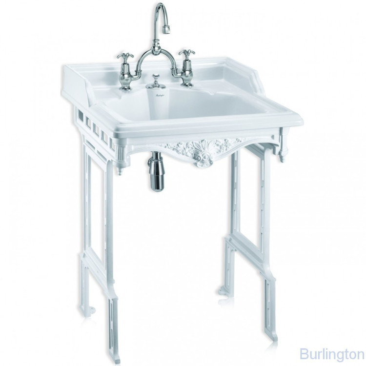 Классическая раковина со скрытым сливом-переливом на 2 отверстия с подстольем из белого алюминия