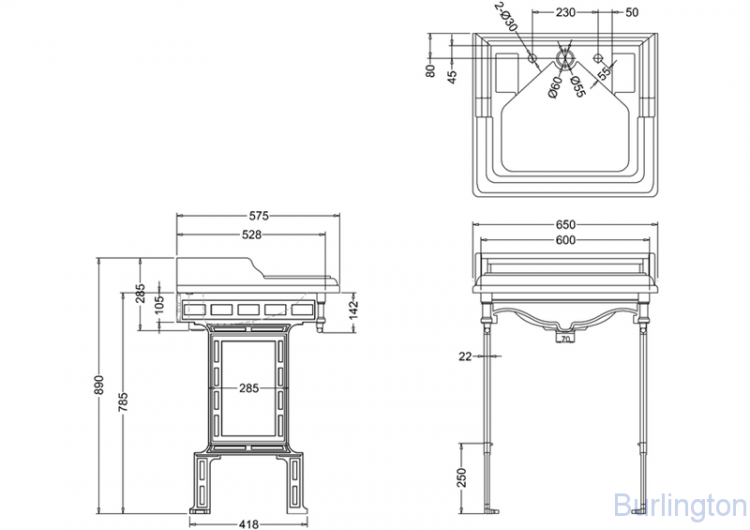 Классическая раковина со скрытым сливом-переливом на 2 отверстия с подстольем из белого алюминия