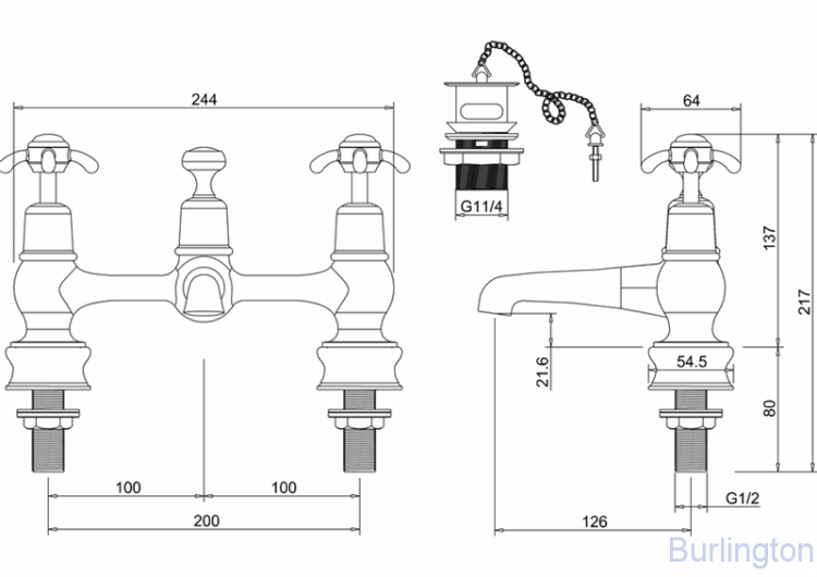 Смеситель для раковины на 2 отверстия Regent, с пробкой и цепочкой [ANR10]