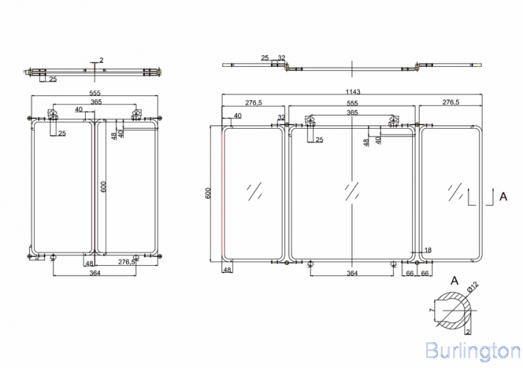 Трёхстворчатое зеркало 1143x30x600 mm, НИКЕЛЬ