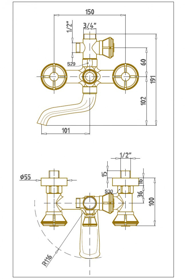 Смеситель для ванны и душа Bronze de Luxe Royal 10119