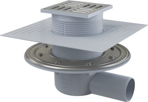 Сливной трап 105×105/50 мм боковой сток, решетка из нержавеющей стали, фланец из нержавеющей стали, воротник изоляции 2–го уровня, гидрозатвор комбинированный SMART Alcadrain APV1324