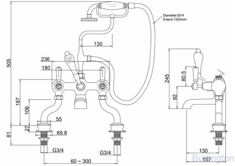 Cмеситель для ванны с ручным душем, Regent, набортный [KER15]
