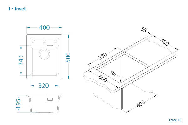 Мойка ALVEUS GRANITAL ATROX 10 BEIGE - G55 400 X 500 1X в комплекте с сифоном 1132823