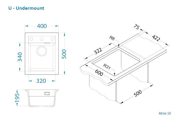 Мойка ALVEUS GRANITAL ATROX 10 BEIGE - G55 400 X 500 1X в комплекте с сифоном 1132823