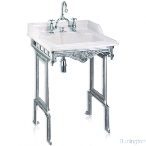 Классическая раковина со скрытым сливом-переливом на 2 отверстия с подстольем из полированного алюминия