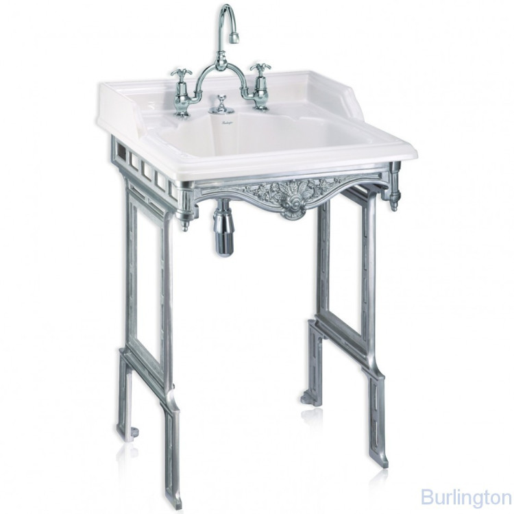 Классическая раковина со скрытым сливом-переливом на 2 отверстия с подстольем из полированного алюминия