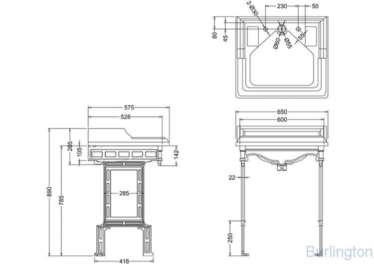 Классическая раковина со скрытым сливом-переливом на 2 отверстия с подстольем из полированного алюминия