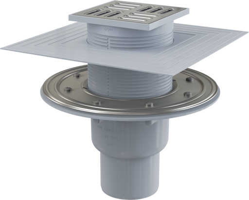 Сливной трап 105×105/50/75 мм прямой сток, решетка из нержавеющей стали, фланец из нержавеющей стали, воротник изоляции 2–го уровня, гидрозатвор комбинированный SMART Alcadrain APV2324