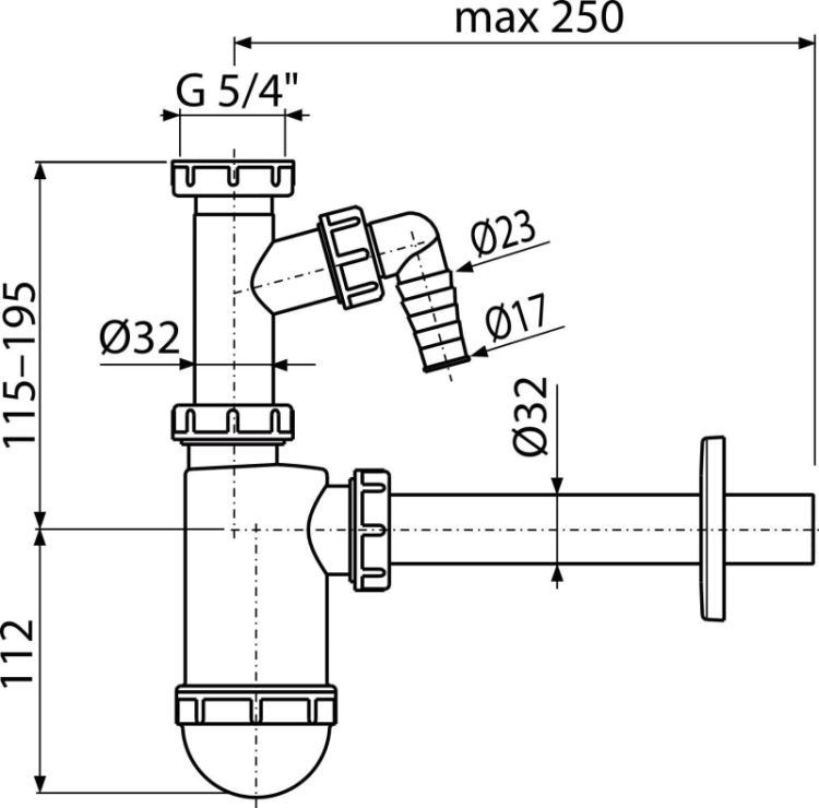 Сифон для умывальника DN32 со штуцером и накидной гайкой 5/4