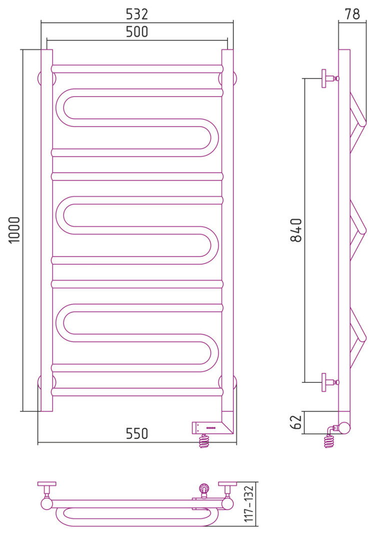 Полотенцесушитель электрический Сунержа Элегия 2.0 1000х500 МЭМ правый Матовый белый