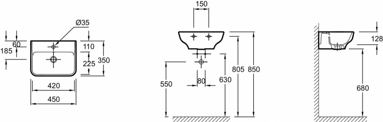 Подвесная раковина 45 х 35 см для установки на мебель, с отверстием для смесителя и перелива Jacob Delafon STRUKTURAEGH111-Z-00