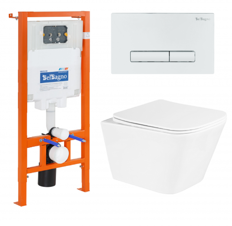 Унитаз подвесной с сиденьем BelBagno DUE + Система инсталляции для унитазов с кнопкой смыва BB005-PR-CH Cezares BB3103CHR/SC/BB002-80/BB005-PR-CHROME