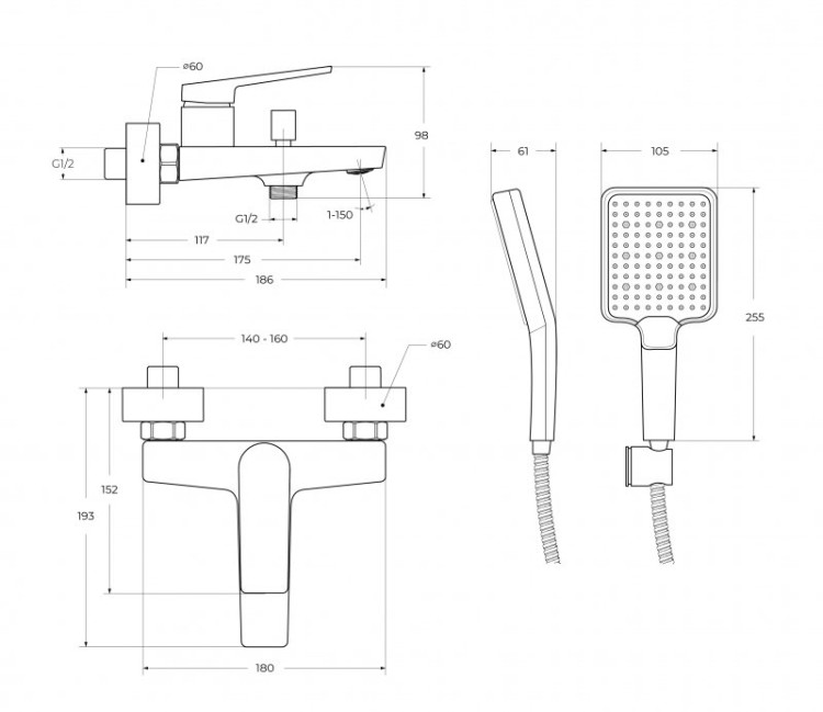 Смеситель для ванны и душа в комплекте с ручным душем, шлангом и держателем Cezares ARDENTE-VASM-CRM