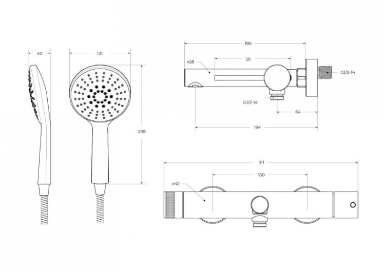 Смеситель для ванны и душа в комплекте с ручным душем, шлангом и держателем Cezares RELAX-VD-NOP