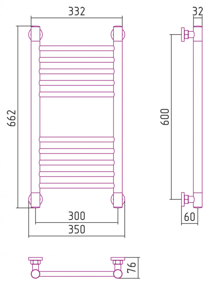 Полотенцесушитель водяной Сунержа Богема+ прямая 600х300 Матовый чёрный