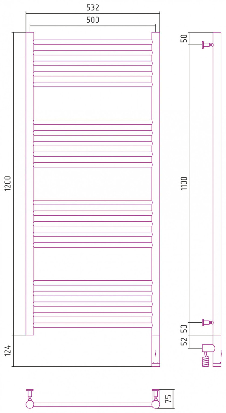 Полотенцесушитель электрический Сунержа Богема 3.0 прямая 1200х500 МЭМ правый Без покрытия