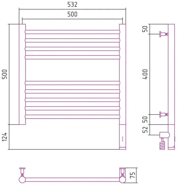 Полотенцесушитель электрический Сунержа Богема 3.0 прямая 500х500 МЭМ правый Тёмный титан муар