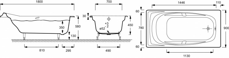Ванна 180 х 90 см с отверстиями для ручек Jacob Delafon SUPER REPOS E2902-00