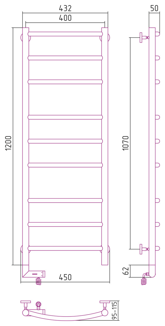 Полотенцесушитель электрический Сунержа Галант 2.0 1200х400 МЭМ левый Матовый чёрный