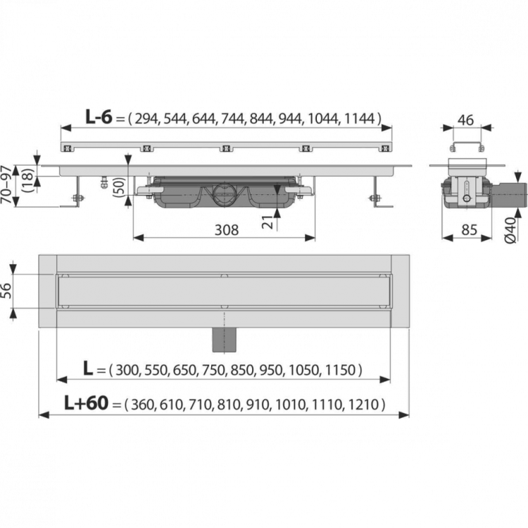 Водоотводящий желоб без порогами с решеткой под кладку плитки Alcadrain APZ115 Marble Low