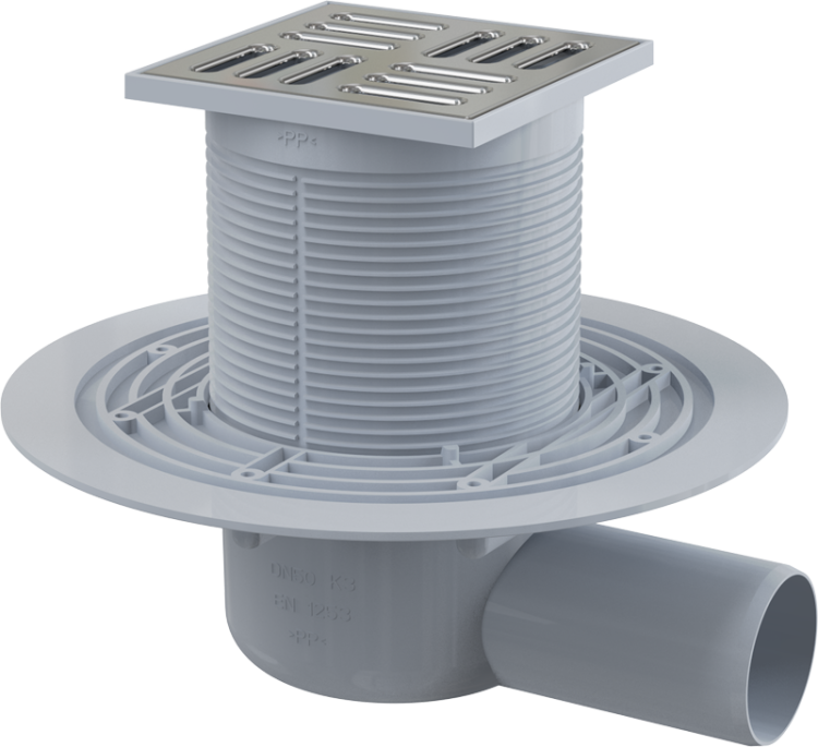 Сливной трап 105×105/50 мм боковой сток, решетка из нержавеющей стали, гидрозатвор комбинированный SMART Alcadrain APV1321