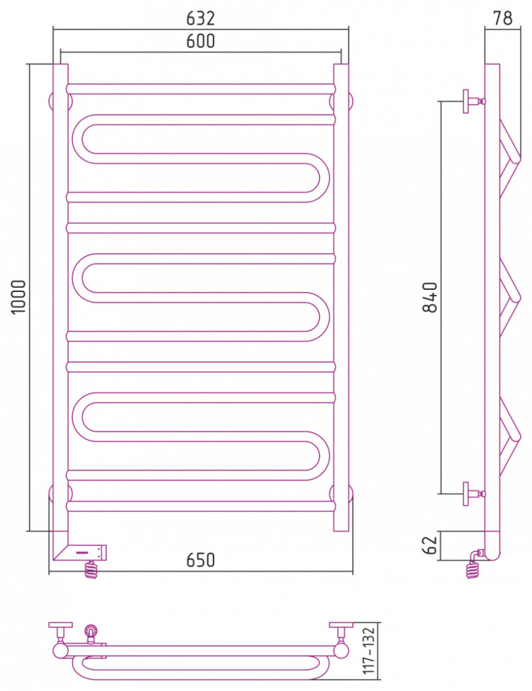 Полотенцесушитель электрический Сунержа Элегия 2.0 1000х600 МЭМ левый Без покрытия